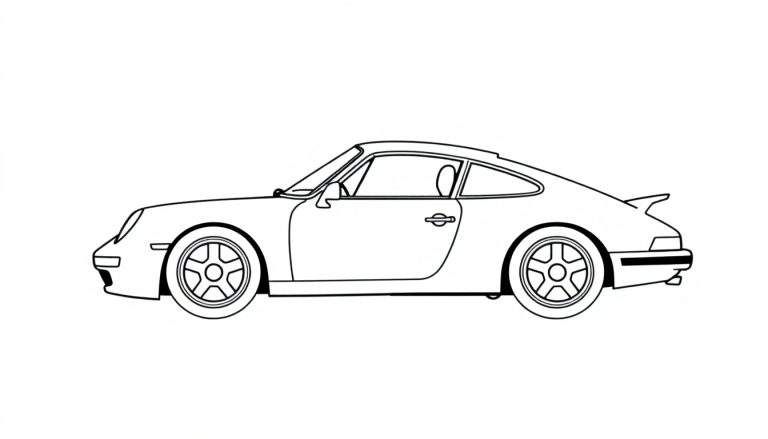 Zwart-wit lijntekening van een klassieke Porsche 911 sportwagen in profiel, weergegeven tegen een witte achtergrond, met duidelijke weergave van koplampen, velgen, zijspiegel en achterspoiler.