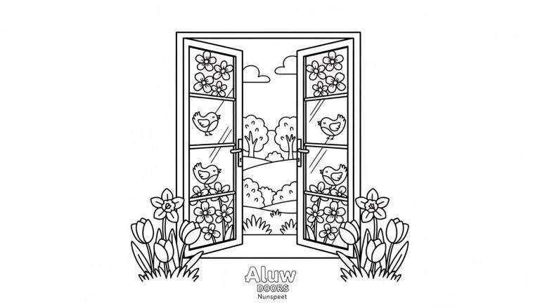 Kleurplaat van open dubbele deuren met uitzicht op een zonnig landschap, bloemen en vogeltjes in de deuren, en tulpen en narcissen op de voorgrond. Tekst 'Aluw DOORS Nunspeet'.