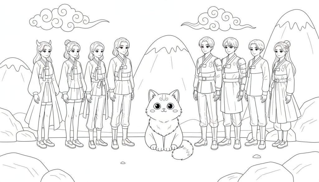 Zwart-wit lijntekening voor een kleurplaat, met negen menselijke figuren in traditionele Aziatische kleding (Hanbok-stijl), een grote schattige kat op de voorgrond, en een achtergrond van bergen en gestileerde krulwolken.