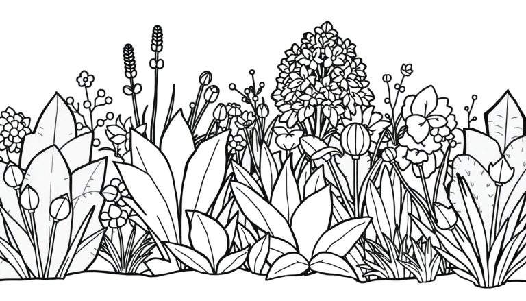 Zwart-wit lijntekening van een volle bloemenborder met hyacint-achtige bloemen, tulpenknoppen, diverse bladeren en bessen.