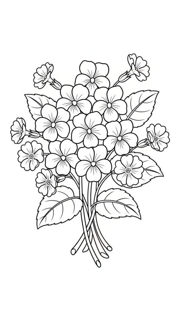 Zwart-wit lijntekening van een gedetailleerd boeket bloemen met vijf bloemblaadjes, bladeren en gebundelde stengels, klaar om ingekleurd te worden.