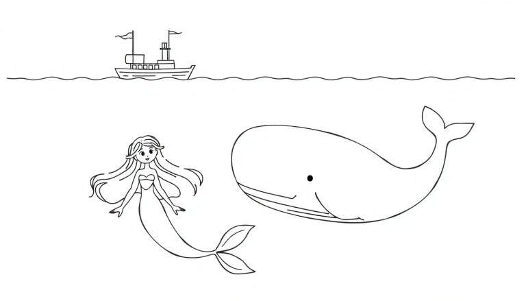 Eenvoudige lijntekening van een boot met vlaggen boven water, en een zeemeermin met een vissenstaart zwemmend naast een grote walvis onder water.