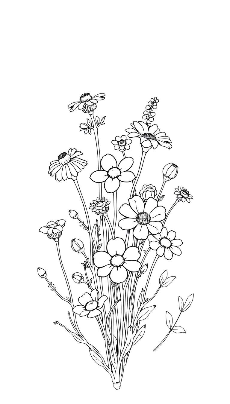 Gedetailleerde zwart-wit lijntekening van een boeket wilde bloemen met diverse bloemsoorten, bloemknoppen en stengels, en een los takje met blaadjes rechtsonder op een witte achtergrond.