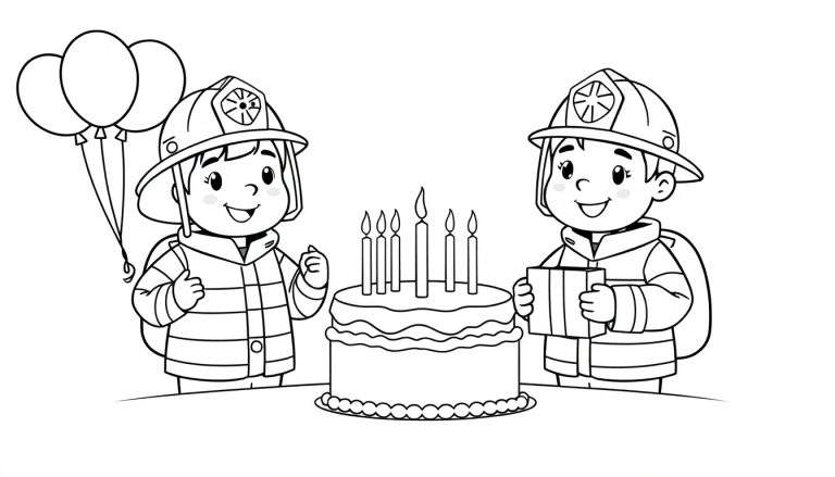 Zwart-witte lijntekening van twee kinderen in brandweerpakken, een taart met kaarsjes, ballonnen en een cadeau, klaar om ingekleurd te worden.