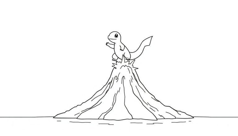 Kleurplaat van een cartoonachtige Charmander die op een vulkaan staat en met zijn arm zwaait.