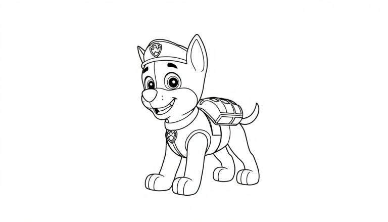 Zwart-witte tekenfilm kleurplaat van Chase de hond uit Paw Patrol met politie pet en rugzak, lachend.