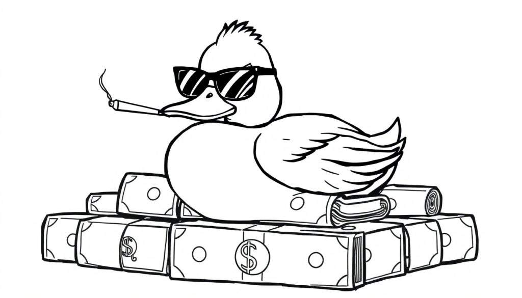 Zwart-wit cartoon kleurplaat van een eend met zonnebril en een sigaret, zittend op een grote stapel geld met dollartekens.