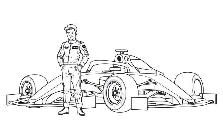 Kleurplaat van een jonge man in racepak met pet, handen in de zakken en een glimlach, staand naast een Formule 1 racewagen, lijntekening op witte achtergrond.