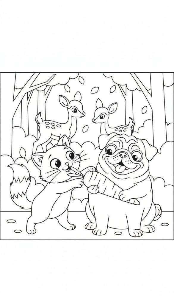 Een zwart-wit tekening van een schattige kat die een wortel aanbiedt aan een lachende mopshond in een bos, met twee reekalfjes op de achtergrond.