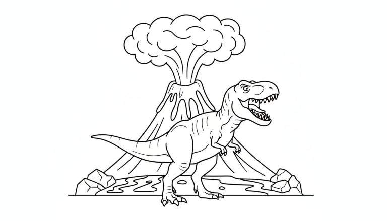 Zwart-wit kleurplaat van een grote T-Rex dinosaurus met open bek die brult voor een rokende vulkaan met lavastromen.