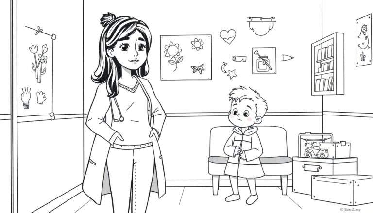 Kleurplaat van een dokter in witte jas met stethoscoop die vriendelijk naar een jongetje kijkt, zittend op een stoel in een kamer vol kindertekeningen.