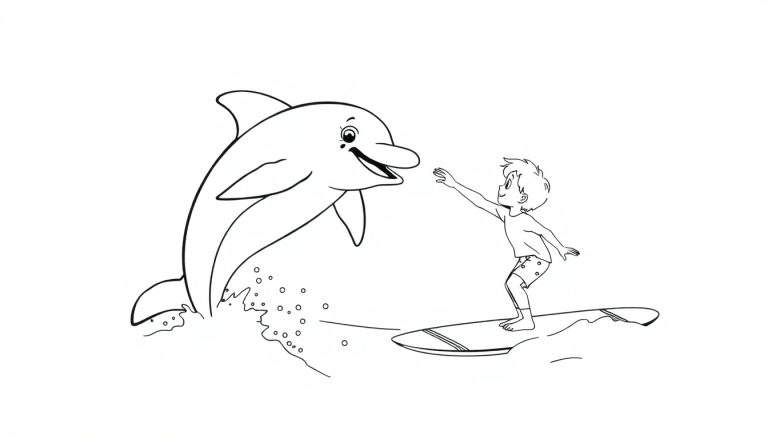 Zwart-wit lijntekening van een dolfijn die uit het water springt naar een jongen op een surfplank.