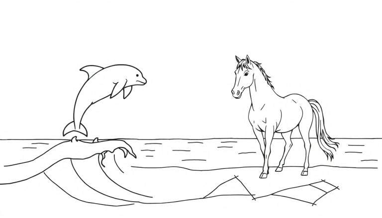 Zwart-wit kleurplaat van een dolfijn die uit de zee springt naast een paard dat aan de waterkant staat.
