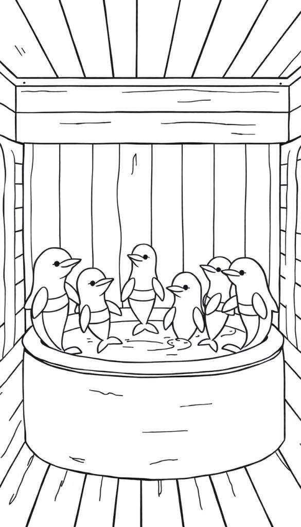 Kleurplaat van zes jonge dolfijnen in een houten badkuip met golven.