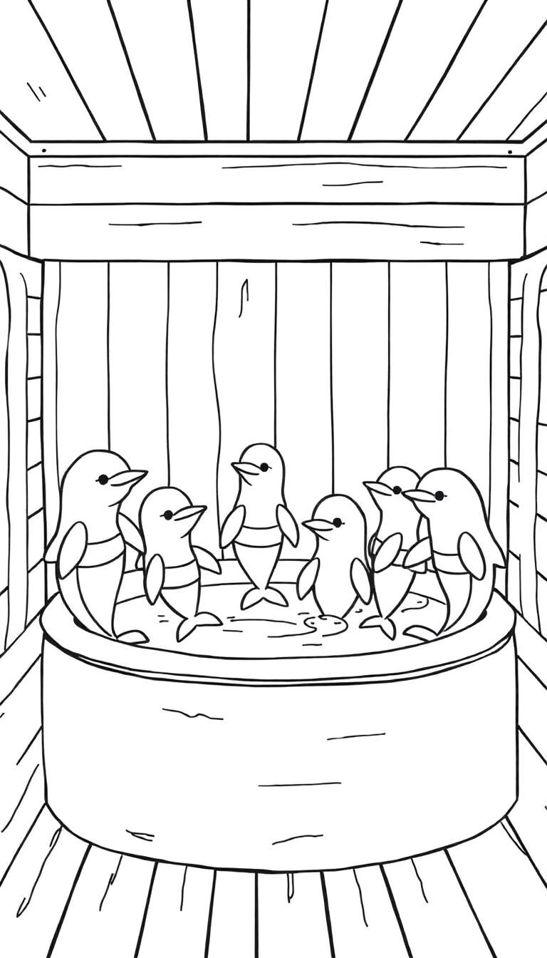 Kleurplaat van zes jonge dolfijnen in een houten badkuip met golven.