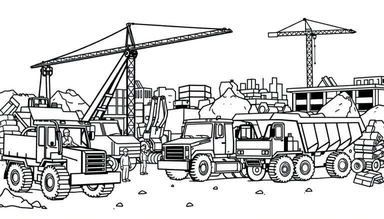 Gedetailleerde zwart-wit lijntekening van een drukke bouwplaats met kranen, bouwtrucks, kiepwagens, bouwvakkers en bouwmaterialen, klaar om ingekleurd te worden.