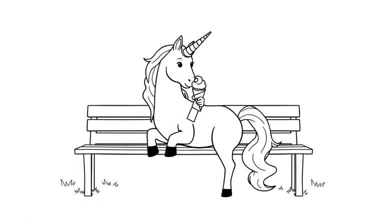 Zwart-wit tekening van een eenhoorn die op een houten bankje zit en een ijshoorntje likt.