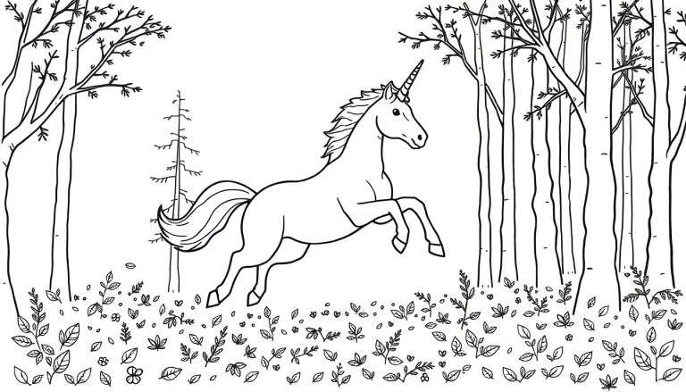 Zwart-wit lijntekening van een eenhoorn in een boslandschap, klaar om ingekleurd te worden.