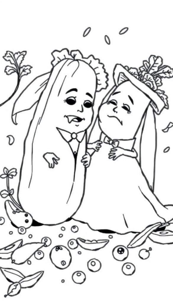 Zwart-wit lijntekening van twee antropomorfe fruit- of groentepersonages in feestelijke kleding, mogelijk een bruiloft, met omgeving van fruit, groenten en zaadjes. Links een lange, slanke figuur met vampiertanden en sluier, rechts een kortere, ronde figuur die huilt. Kleurplaat.
