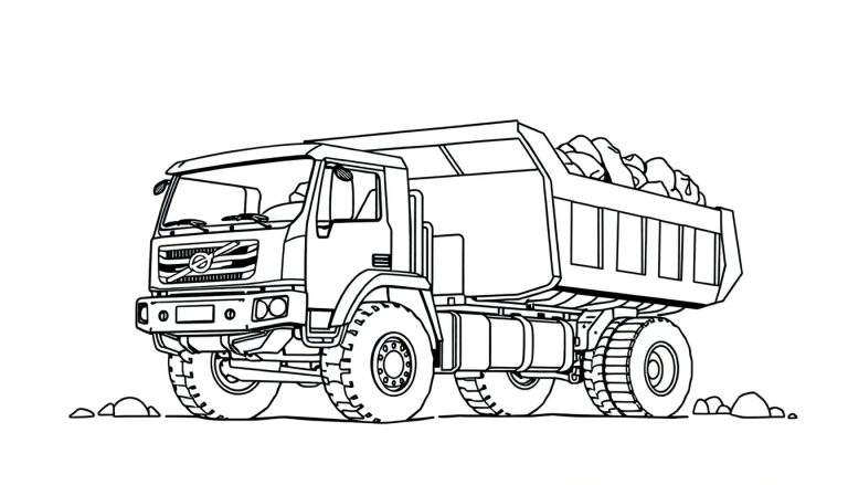 Zwart-witte lijntekening van een grote kiepwagen vol stenen, met gedetailleerde cabine en grote wielen, klaar om ingekleurd te worden.
