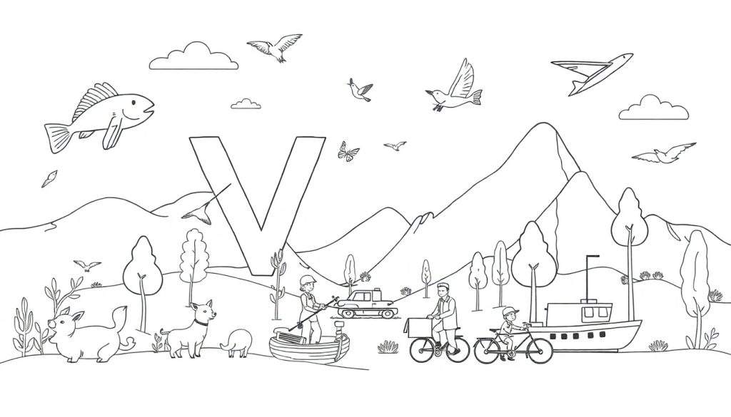Kleurplaat van een grote letter V in een landschap met bergen, bomen, vogels, een vlinder, een vliegtuig, een vis, hondjes, een zwijn, een roeiboot, een auto, fietsers en een boot.
