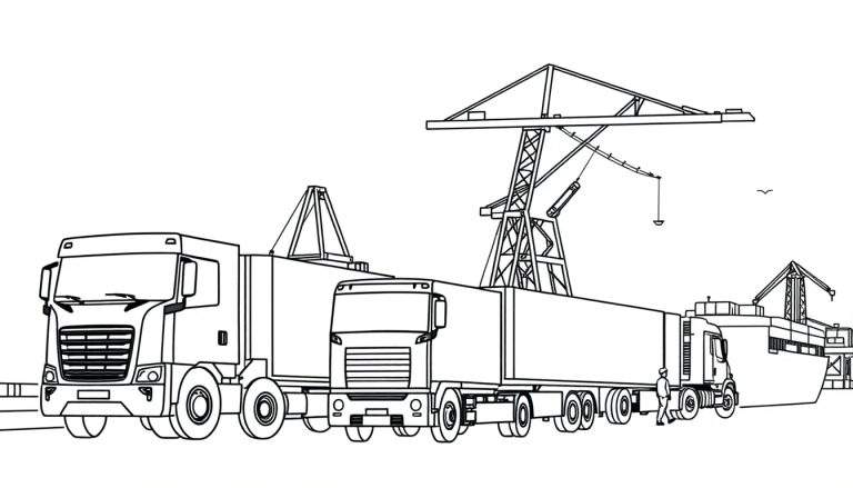 Zwart-wit kleurplaat van een haven met vrachtwagens, kranen, een schip, een persoon en een vogel.