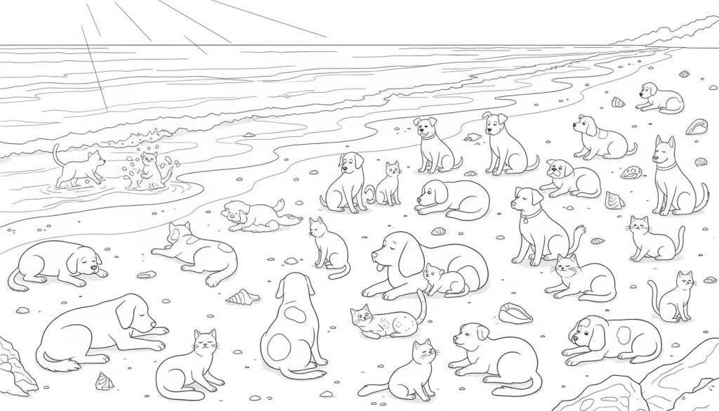 Kleurplaat van een zonnig strand met diverse honden en katten die spelen, slapen en genieten van de zee.