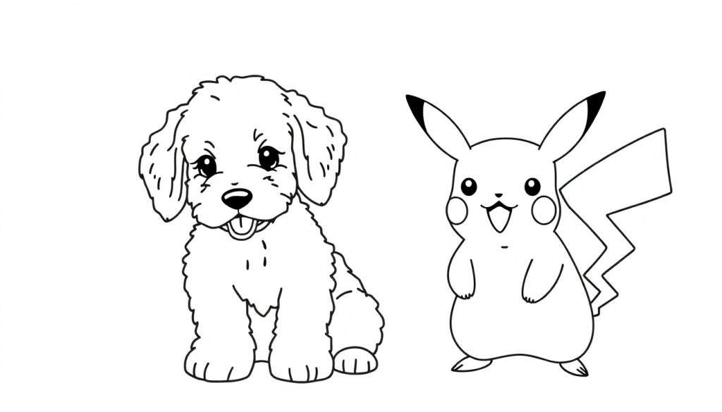 Kleurplaat van een zittend, harig hondje naast staande Pikachu.