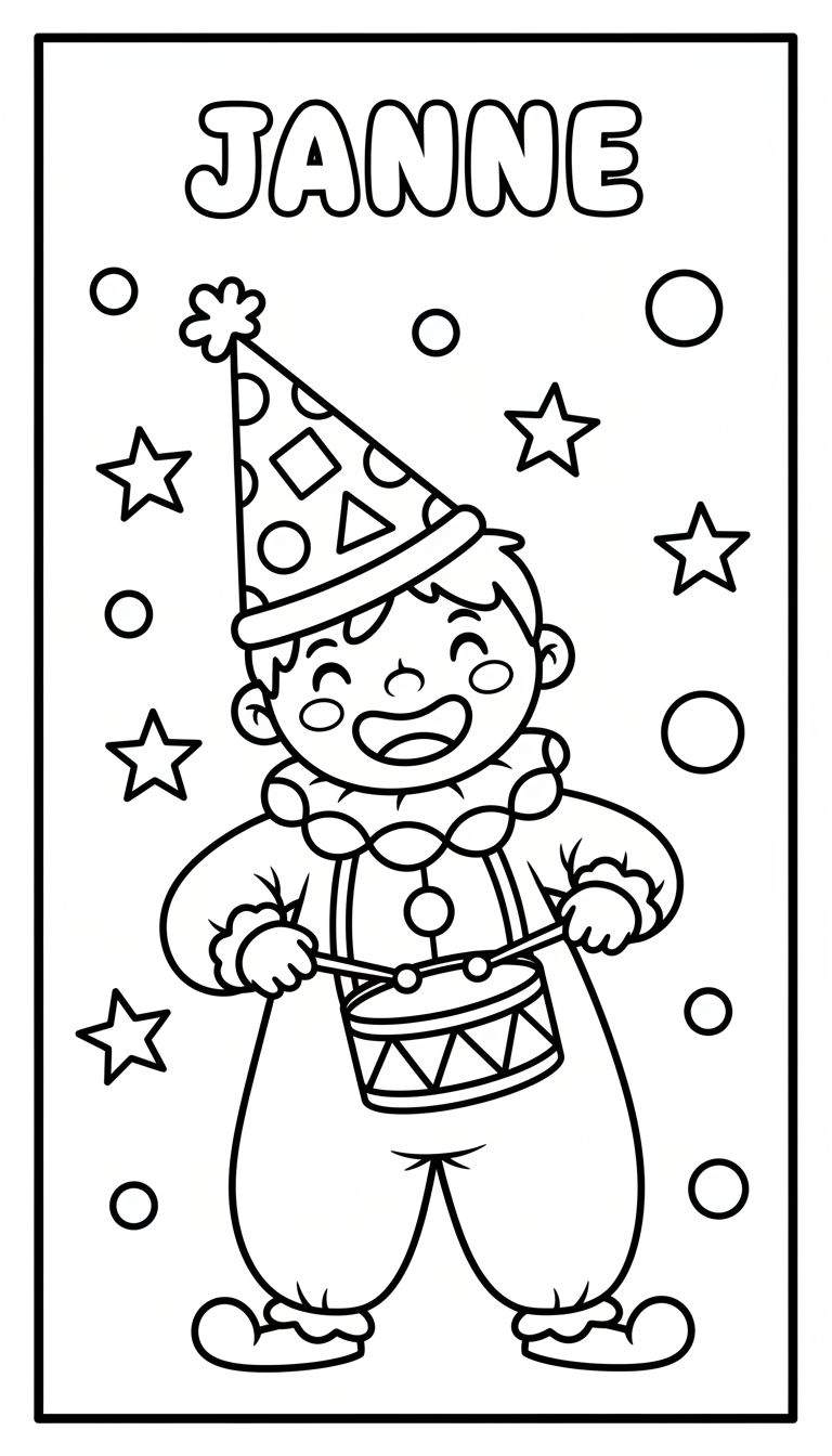 Zwart-wit tekening van een lachend kind in clownskostuum, compleet met puntmuts, die op een trommel slaat. Boven de afbeelding staat de naam 'JANNE' in feestelijke letters, met sterren en cirkels op de achtergrond.