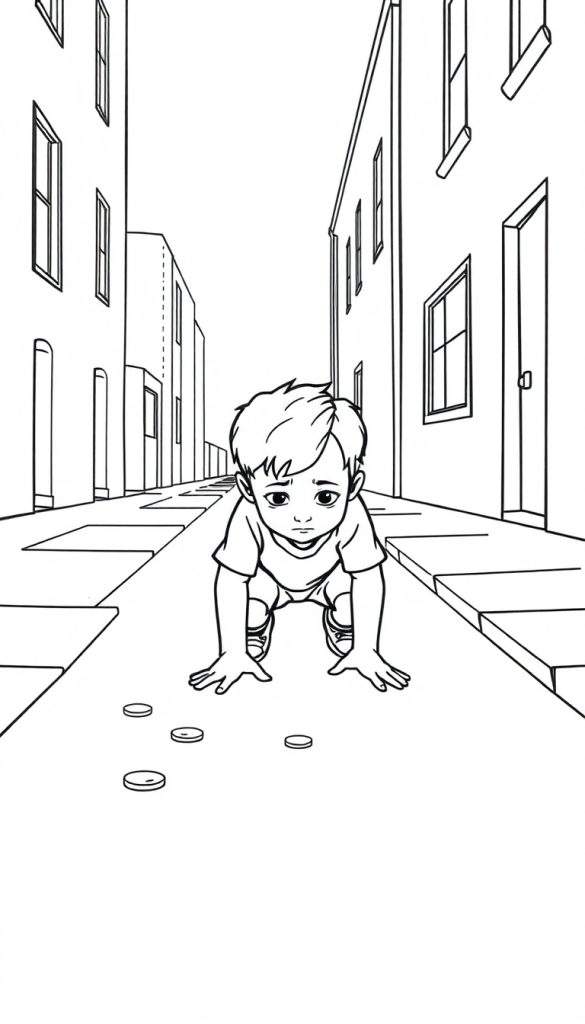 Zwart-wit lijntekening van een jongetje dat verdrietig kijkt terwijl hij gehurkt op een straat zit, met kleine ronde voorwerpen voor zich.