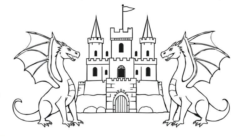 Een zwart-wit tekening van een groot kasteel met kantelen en torens, met aan weerszijden een draak met vleugels en open bek.