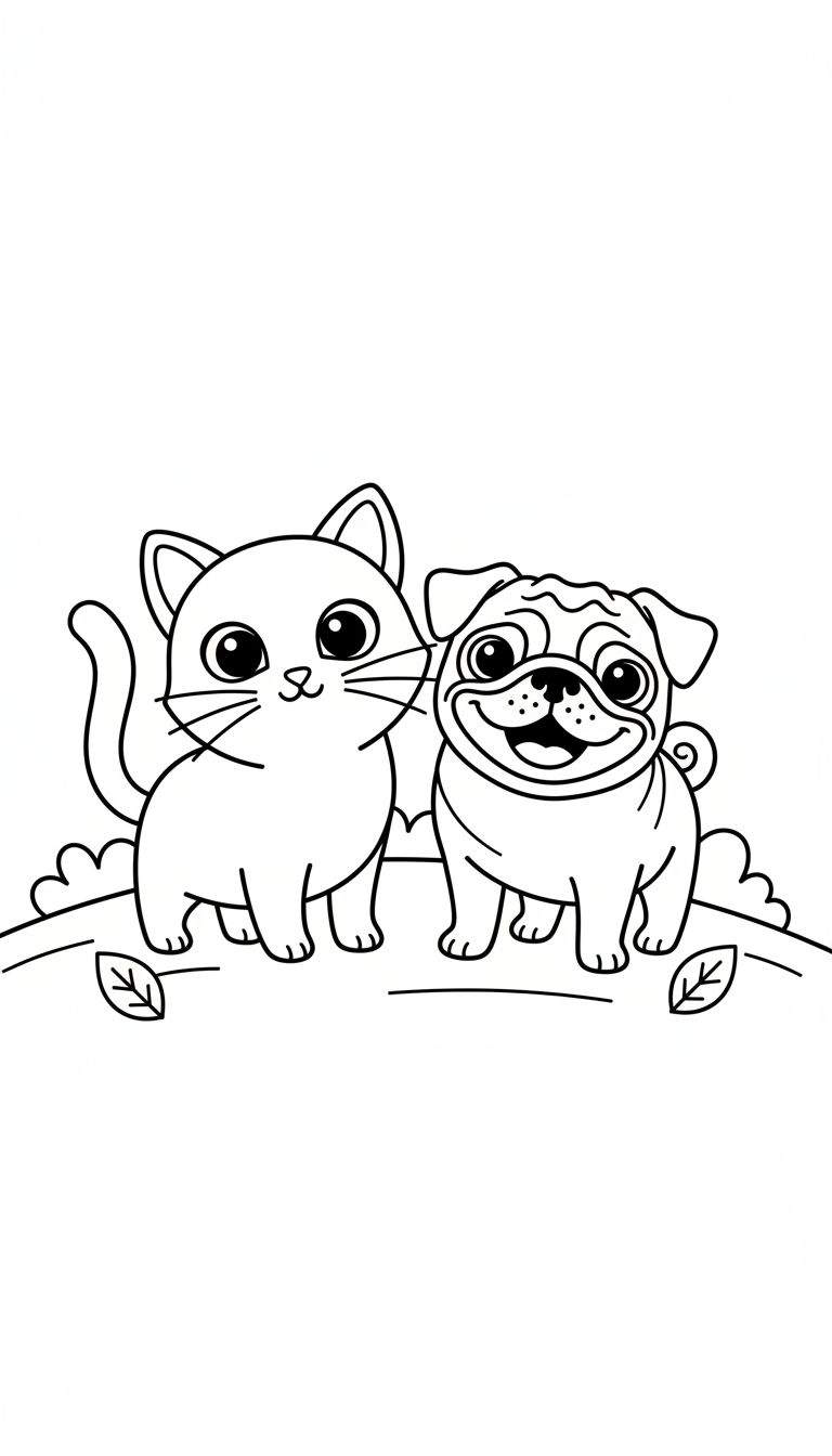 Een zwart-wit kleurplaat met een gestileerde kat en een mopshond die naast elkaar staan, met bladeren op de grond en golvende lijnen op de achtergrond.