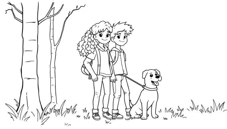 Zwart-wit lijntekening van een meisje met krullend haar en een jongen met stekelig haar, beiden met rugzakken, die vrolijk in het midden van een natuurlandschap staan. Rechts van hen zit een blije hond aan een lijn, die door de jongen wordt vastgehouden. Links staan twee kale bomen en de grond is bedekt met gras en plantjes.