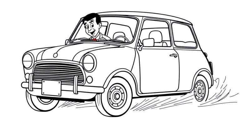 Zwart-wit lijntekening van een man met een brede lach achter het stuur van een kleine, klassieke auto. De auto lijkt op een Mini Cooper met ronde koplampen en een grille. Strepen rond de wielen suggereren beweging.