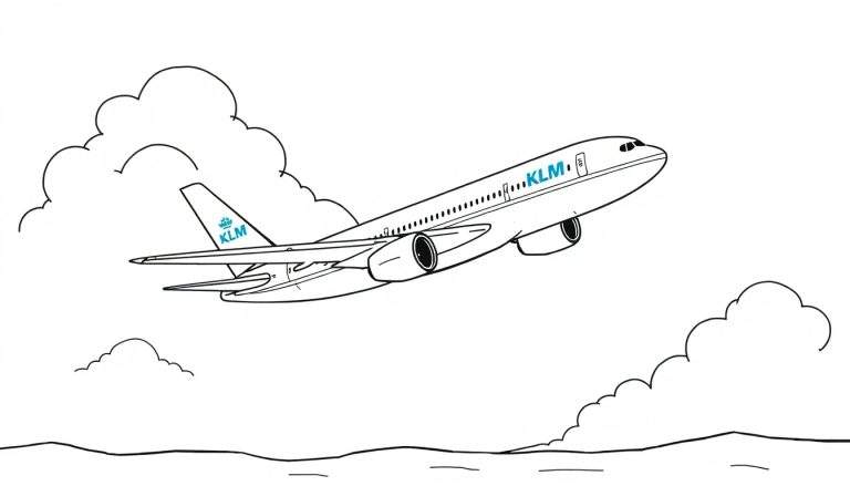 Lijntekening van een KLM passagiersvliegtuig in de lucht, omringd door wolken.