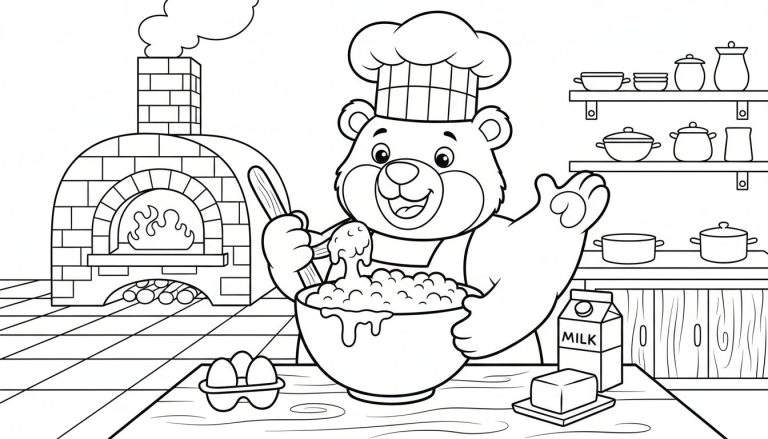 Kleurplaat van een blije, kokende beer met een koksmuts die in een kom roert, met een oven, melkpak, eieren en boter op de achtergrond.