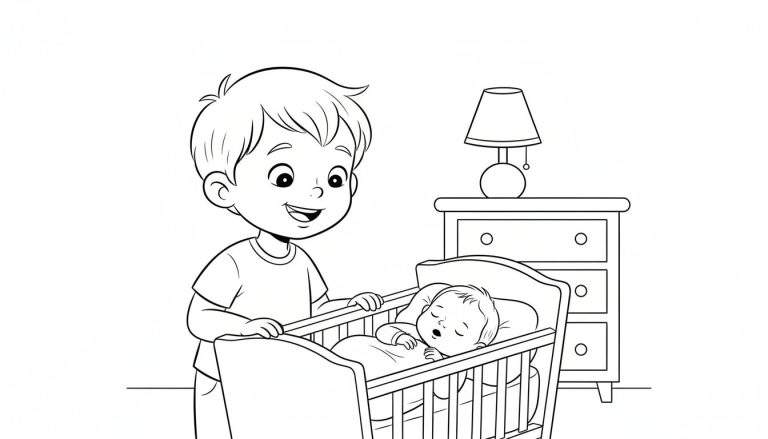 Kleurplaat van een jongen die met een tedere glimlach naar een slapende baby in een wiegje kijkt.