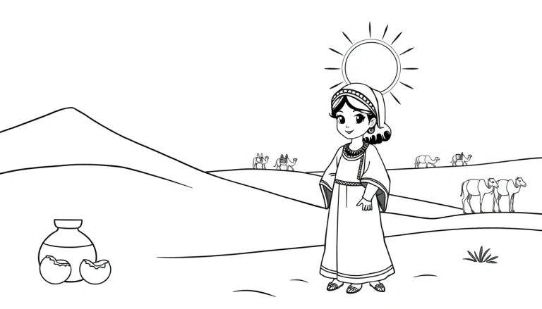 Zwart-wit kleurplaat van een lachend meisje met hoofddoek en jurk, staand in een woestijnlandschap met zandduinen, kamelen op de achtergrond, een kruik en gebroken eierschalen op de voorgrond.