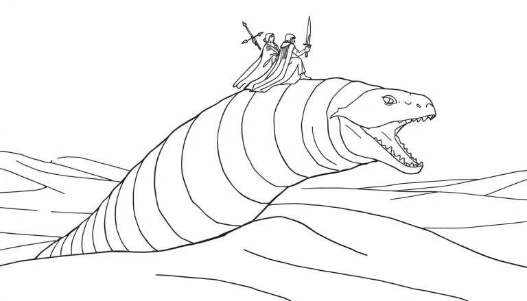 Zwart-wit lijntekening van een groot, slangachtig monster met scherpe tanden, waarop twee krijgers met mantels zitten. De linker ruiter houdt een zwaard omhoog, de rechter heeft pijlen op zijn rug. Het tafereel speelt zich af tegen een achtergrond van golvende lijnen, die duinen of golven suggereren.