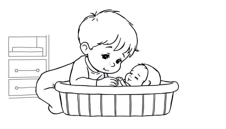 Kleurplaat van een ouder kind dat nieuwsgierig naar een slapende baby in een mand kijkt, met een kast op de achtergrond.