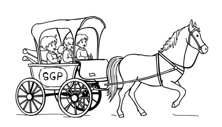 Zwart-witte kleurplaat van een paard die een wagen trekt met drie lachende kinderen erin. Eén kind heeft een ijsje, een ander geeft een duim omhoog. De wagen heeft 'SGP' op de zijkant.