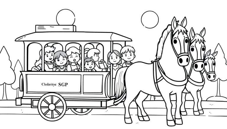 Zwart-wit kleurplaat van een feestelijke paardenkoets met passagiers en drie paarden, met bomen op de achtergrond.