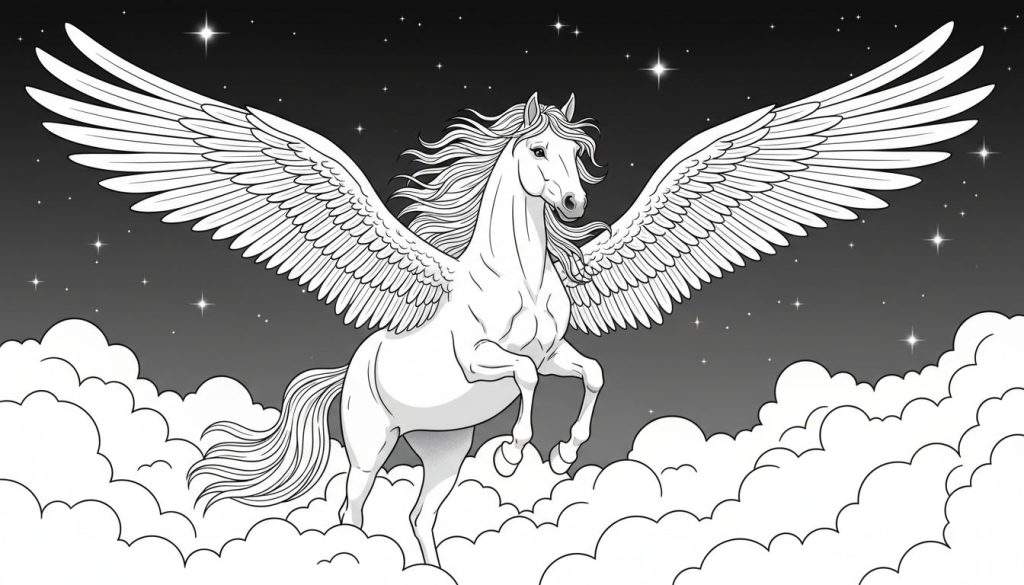 Zwart-wit lijntekening van een gevleugeld paard (Pegasus) dat steigert tussen pluizige wolken tegen een nachtelijke hemel met talloze sterren.