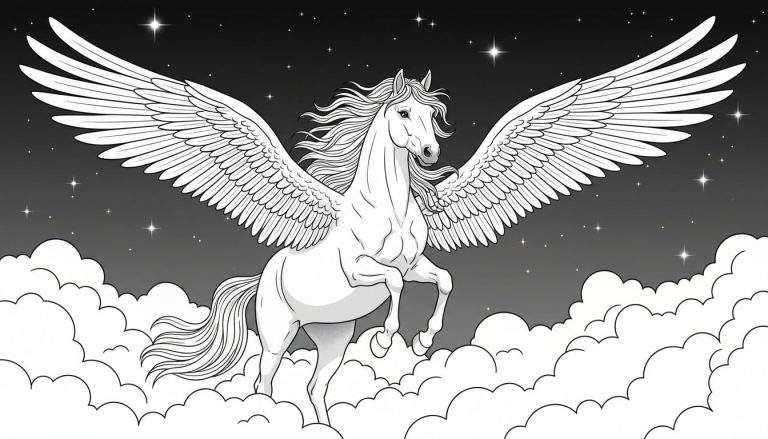 Zwart-wit lijntekening van een gevleugeld paard (Pegasus) dat steigert tussen pluizige wolken tegen een nachtelijke hemel met talloze sterren.