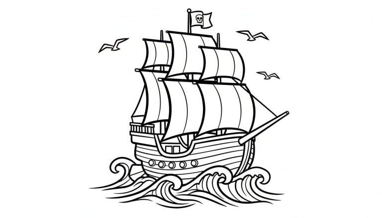 Zwart-wit lijntekening van een piratenschip met drie masten, bollende zeilen, een doodshoofd vlag, woelige golven en drie meeuwen eromheen.
