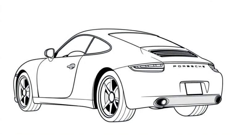 Lijntekening van een Porsche sportwagen van achteren schuin, klaar om ingekleurd te worden.
