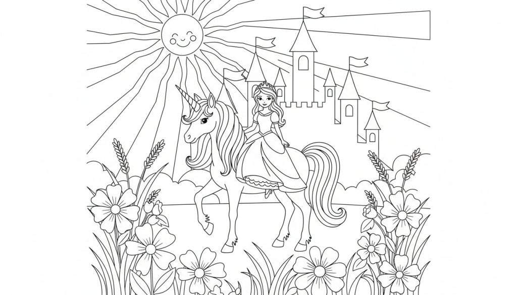 Zwart-wit lijntekening van een prinses met kroon en jurk, rijdend op een eenhoorn met spiraalvormige hoorn. Op de achtergrond een kasteel met torens en vlaggen. Boven een lachende zon, onder een bloemenweide.