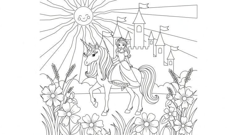 Zwart-wit lijntekening van een prinses met kroon en jurk, rijdend op een eenhoorn met spiraalvormige hoorn. Op de achtergrond een kasteel met torens en vlaggen. Boven een lachende zon, onder een bloemenweide.