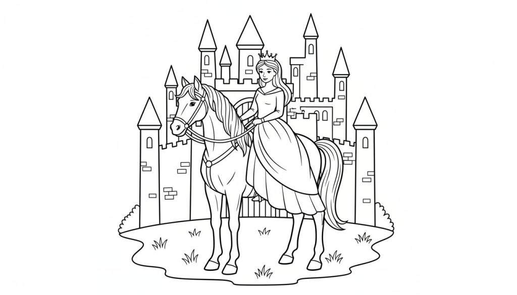 Kleurplaat van een glimlachende prinses met kroon en lange jurk op een paard, voor een groot kasteel.