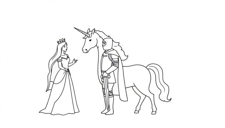 Kleurplaat van een prinses met kroon en jurk, een ridder in harnas met zwaard, en een eenhoorn met hoorn, staand in een magische setting.